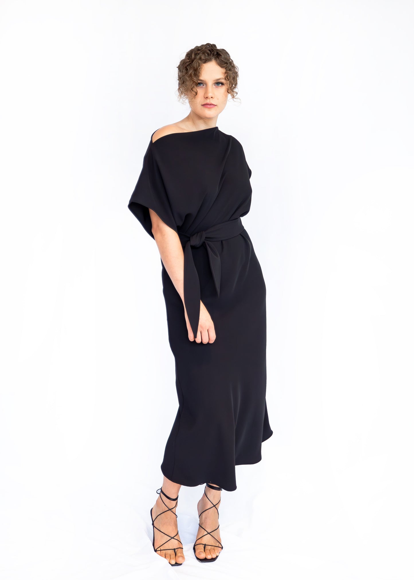 The Elegant Midi Dress With Waist Tie & Kimono Sleeves ('Ayne by Goreea) - Goreea Designs