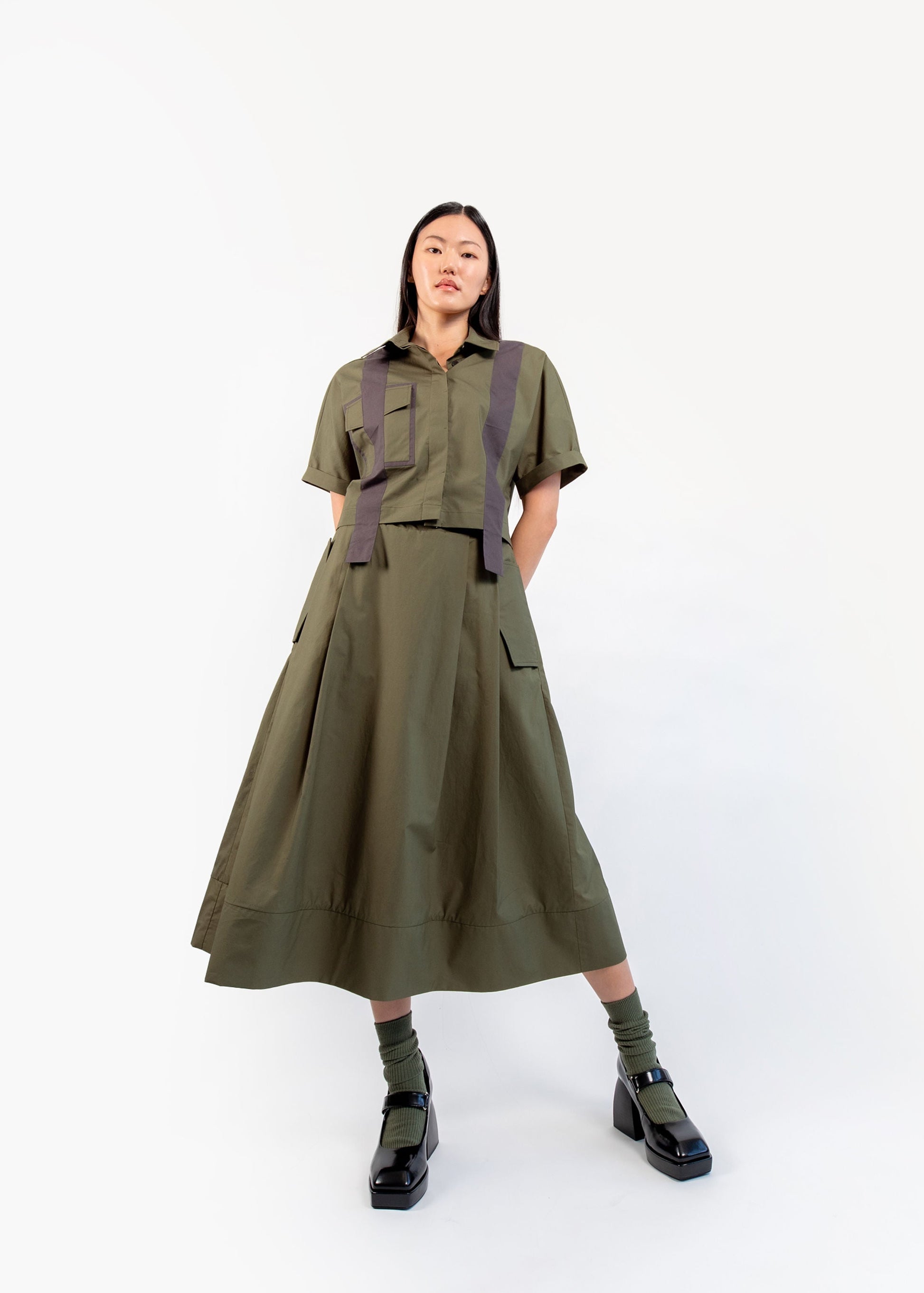 Plus Size Belted Camo Pleated Skirt - Olive